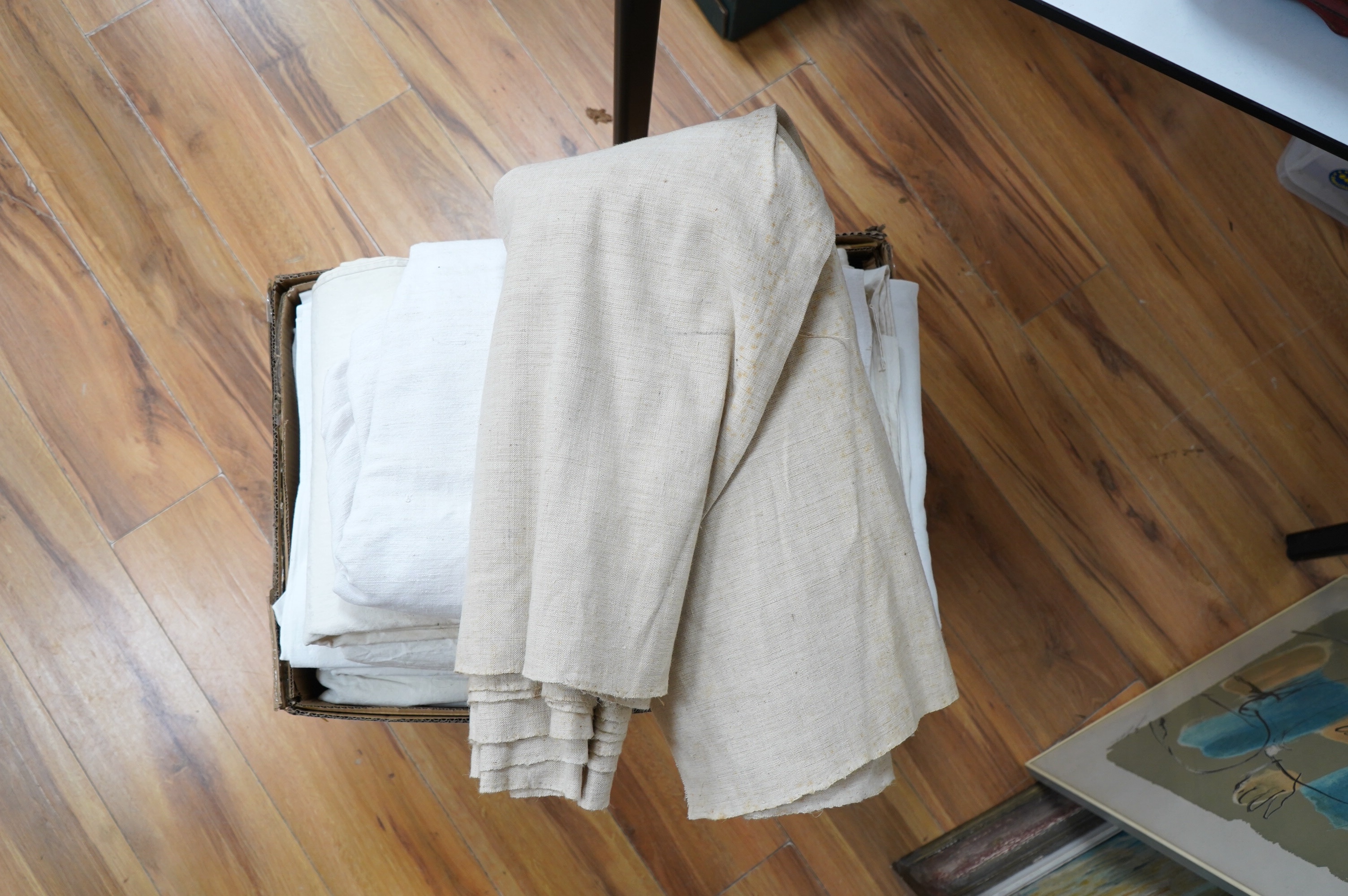 Sixteen French provincial coarse linen sheets, together with a similar roll of approximately 10 meters. Condition - variable